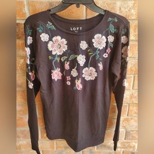 LOFT black flower embroidered sweater